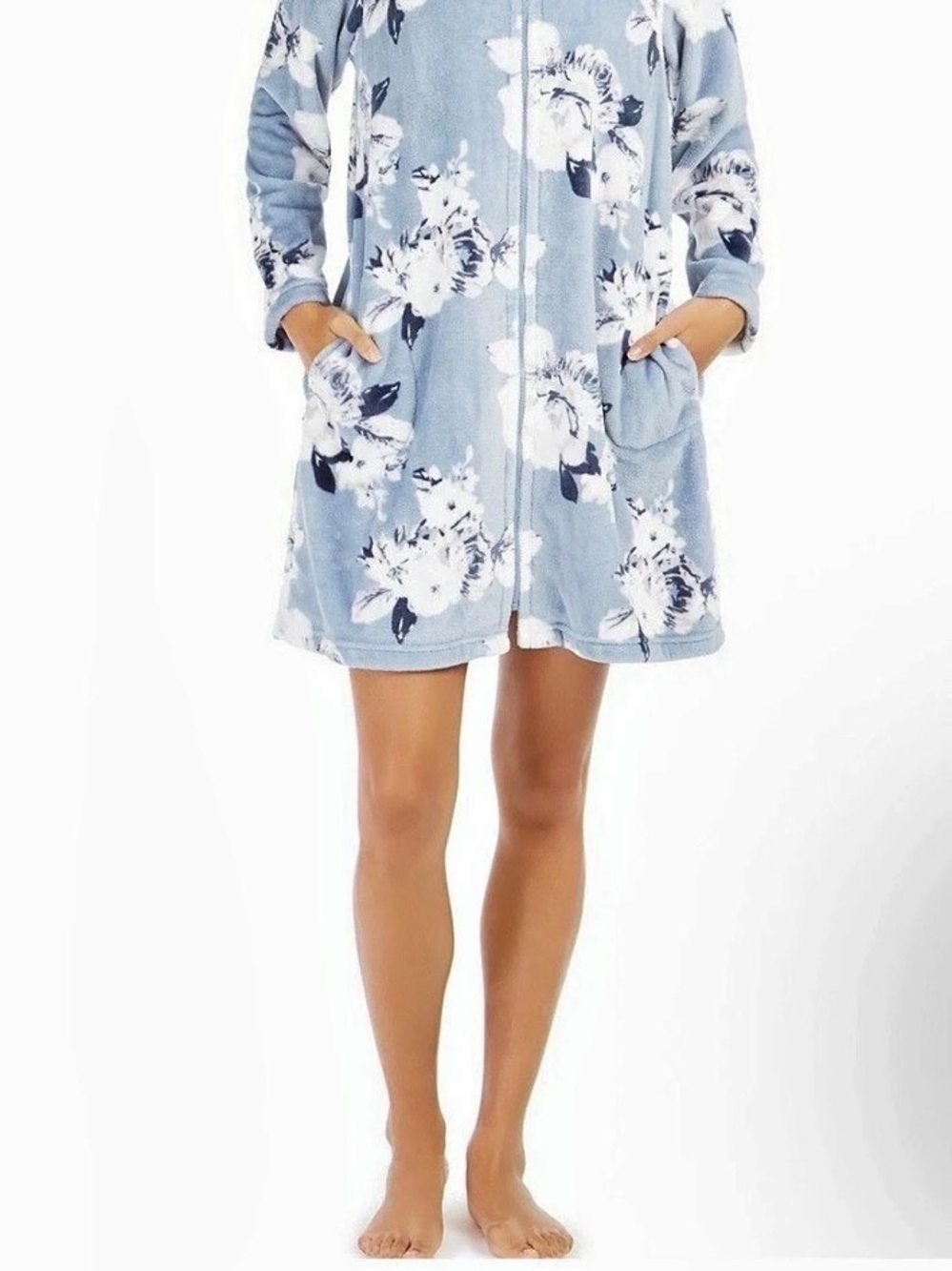 Miss Elaine Women's Floral-Print Fleece Short Zipper Robe Blue Floral Print XL